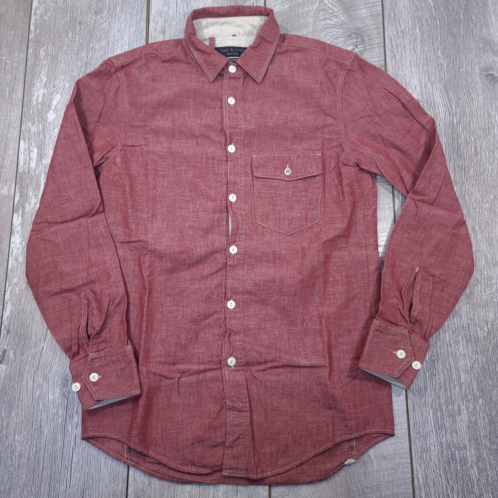 Rag & Bone Button Front Shirt Men Small Red Cotton Chambray Long Sleeve USA